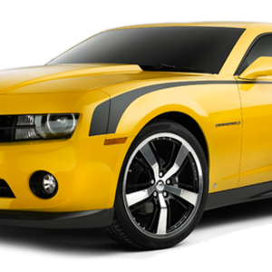 Yellow sports car, front view, with black accents and alloy wheels. A yellow sports car with black racing stripes and tinted windows.
