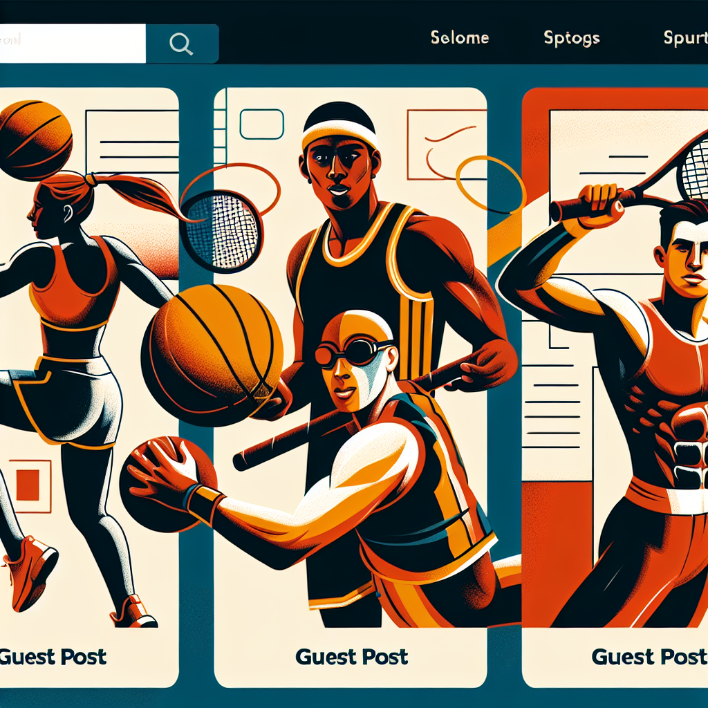 Illustrated image of athletes playing different sports: basketball, swimming, and tennis, with a web browser-like interface. Illustrated panels depicting diverse athletes playing basketball, tennis, and swimming, with "Guest Post" labels below each.