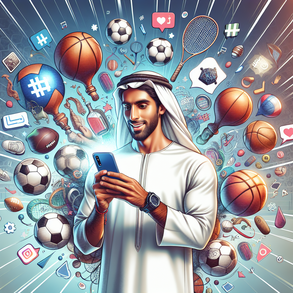 A man wearing traditional Middle Eastern clothing is using a smartphone. Surrounding him are various sports equipment and social media icons, suggesting a connection between sports and digital interaction. A man in traditional Middle Eastern clothing is using a smartphone. Around him are illustrations of basketballs, soccer balls, tennis rackets, and various social media icons, creating a dynamic and colorful scene. A person in traditional attire is holding a smartphone, surrounded by various sports equipment like balls and rackets, along with social media and digital icons. A person in traditional clothing uses a smartphone, surrounded by floating sports equipment, digital icons, and hashtags.