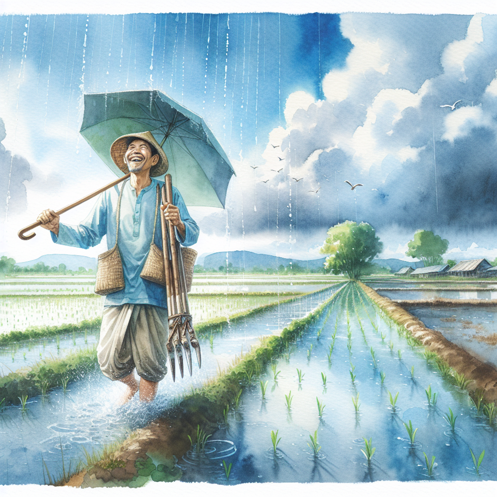 A farmer walking through a flooded rice field under an umbrella during rain, with a tool over his shoulder, wearing traditional attire. The sky is cloudy, and there are distant trees and mountains. A farmer smiling under an umbrella in a rainy rice field, holding tools and wearing a woven hat, with water-filled paddies stretching into the distance. A cheerful farmer walks through a flooded rice field in the rain, holding an umbrella and farming tools, with storm clouds overhead and a blue sky in the background. A joyful farmer walks through a flooded rice field holding an umbrella and a three-pronged tool, with light rain and cloudy sky in the background. A joyful farmer holding an umbrella and tools, standing in a flooded rice field under a rainy sky.