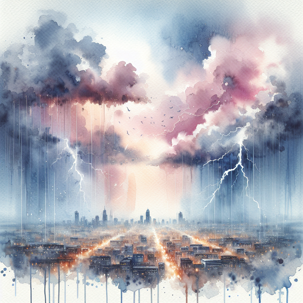 Stormy sky with dramatic clouds and lightning above a cityscape, depicted in a watercolor style. A watercolor illustration of a cityscape beneath a dramatic sky with dark storm clouds, rain, and lightning. The city lights are visible below, creating a contrast with the vivid clouds. Watercolor painting of a cityscape beneath a dramatic sky with storm clouds, lightning, and rain. A watercolor painting depicts a city skyline under a stormy sky with dramatic lightning and rain. The clouds are dark and turbulent, with hints of pink and blue.