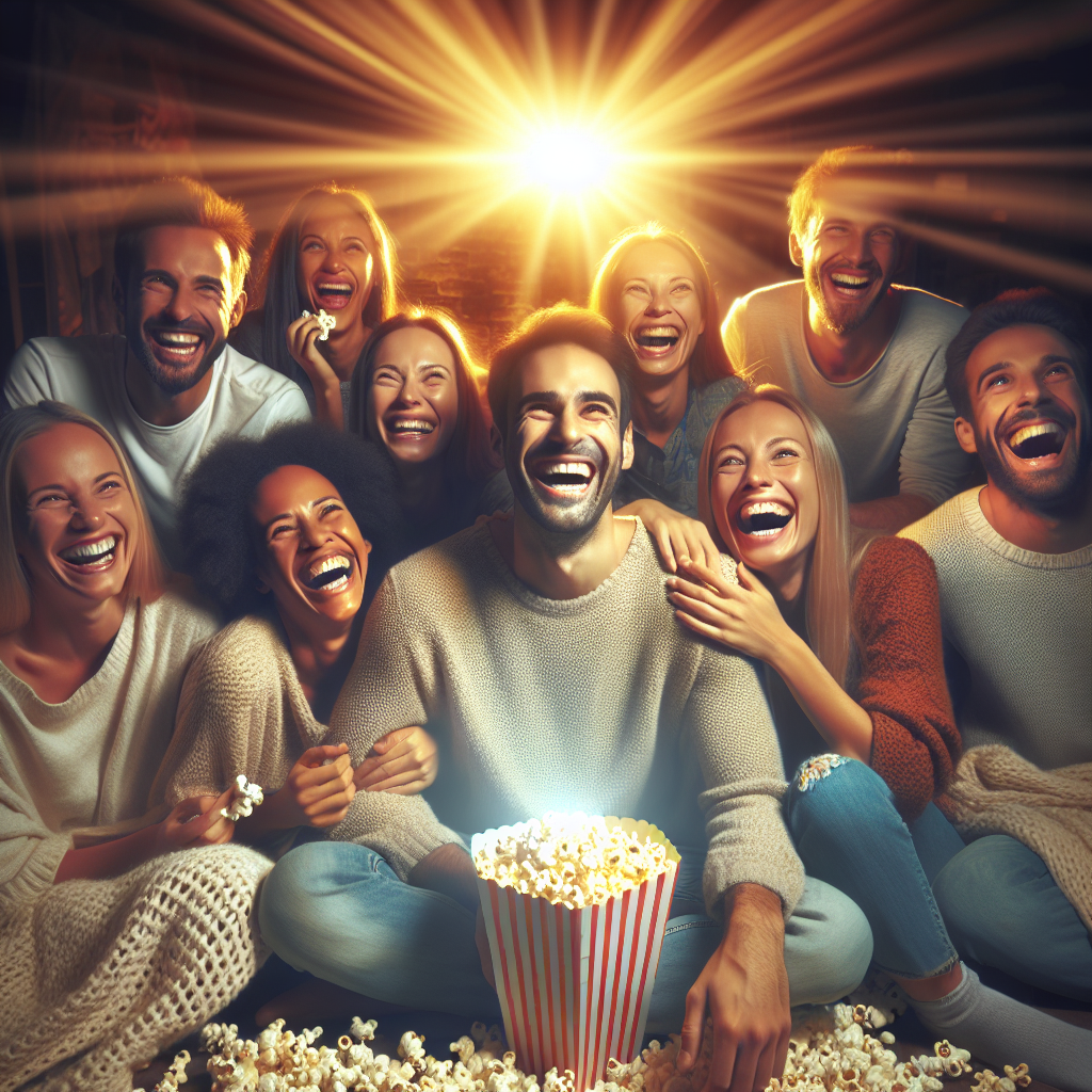 A group of people sitting closely together, laughing and smiling, with a large bucket of popcorn. Warm light creates a cozy atmosphere. A group of people sitting together, laughing while watching a movie, with a bright light shining in the background. A large bucket of popcorn is in the foreground. A group of people sitting together, joyfully laughing and enjoying popcorn, with bright light shining in the background.