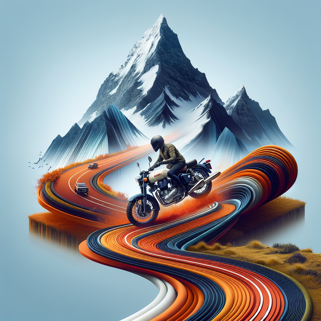 A person riding a motorcycle on a colorful, surreal road that winds towards snow-capped mountains. A motorcyclist rides on a vibrant, winding road that transforms into colorful, layered ribbons leading to snowy mountains. A motorcyclist rides on a swirling, colorful road with snow-capped mountains in the background. The road and landscape have a surreal, artistic look.
