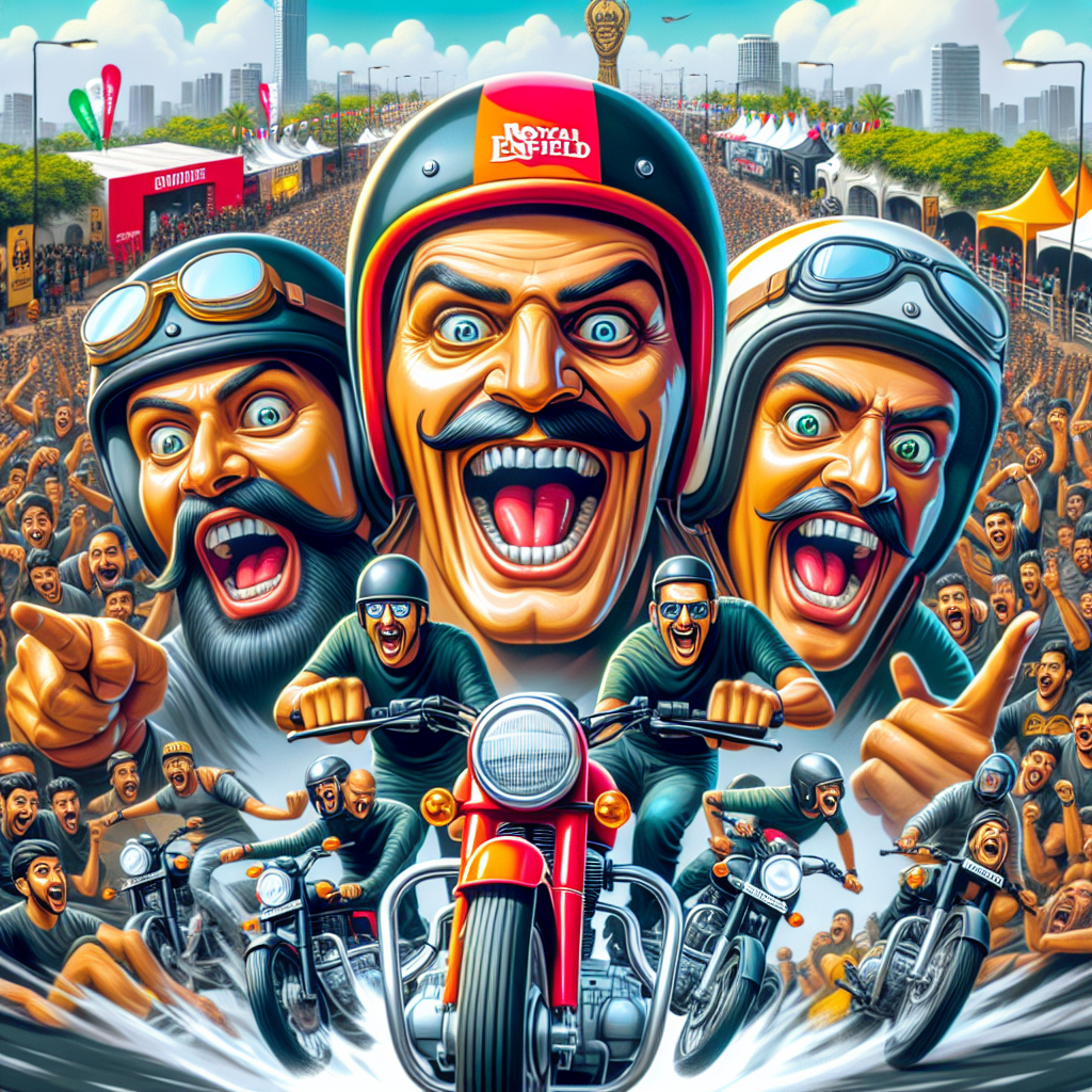 Illustrated scene of a vibrant motorcycle parade with enthusiastic riders and cheering crowds. Three large, exaggerated faces with helmets dominate the scene, capturing a sense of excitement and celebration. A vibrant illustration of three motorcyclists in helmets, riding Royal Enfield motorcycles through a cheering crowd. The background shows a cityscape with tall buildings and festive banners. The scene conveys excitement and celebration. An illustration featuring three large caricatured faces of motorcyclists with exaggerated expressions. Below, three riders on motorcycles race toward the viewer, surrounded by a cheering crowd. They're wearing helmets, one with a logo on it. Bright and dynamic scene.