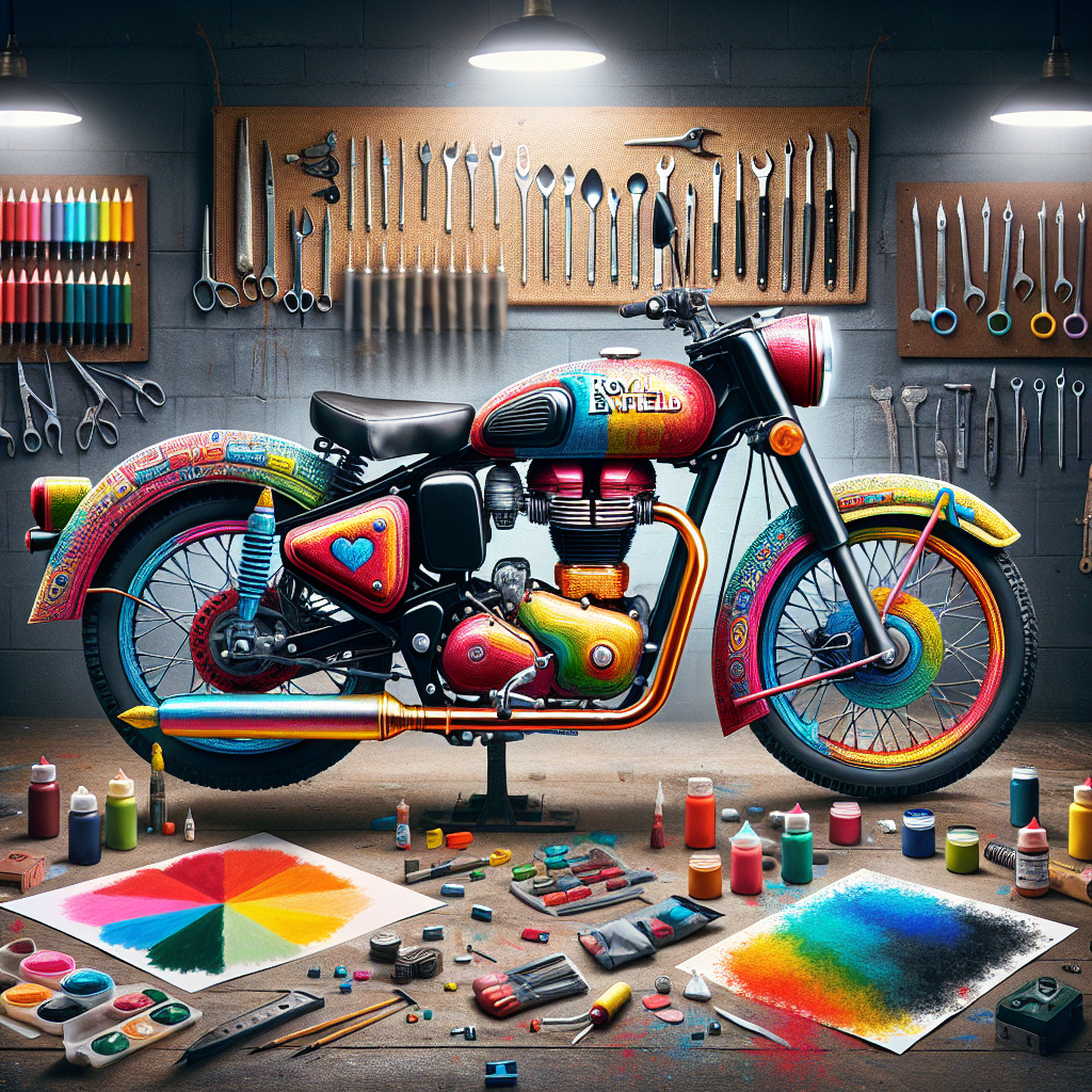 A vibrantly painted motorcycle in a workshop, surrounded by colorful paints and art supplies, with various tools hanging on the wall behind it. A brightly colored, intricately painted motorcycle in a workshop, surrounded by art supplies and a color wheel on the floor. Various tools hang on the wall behind. A colorful motorcycle in a workshop with paint supplies and tools.