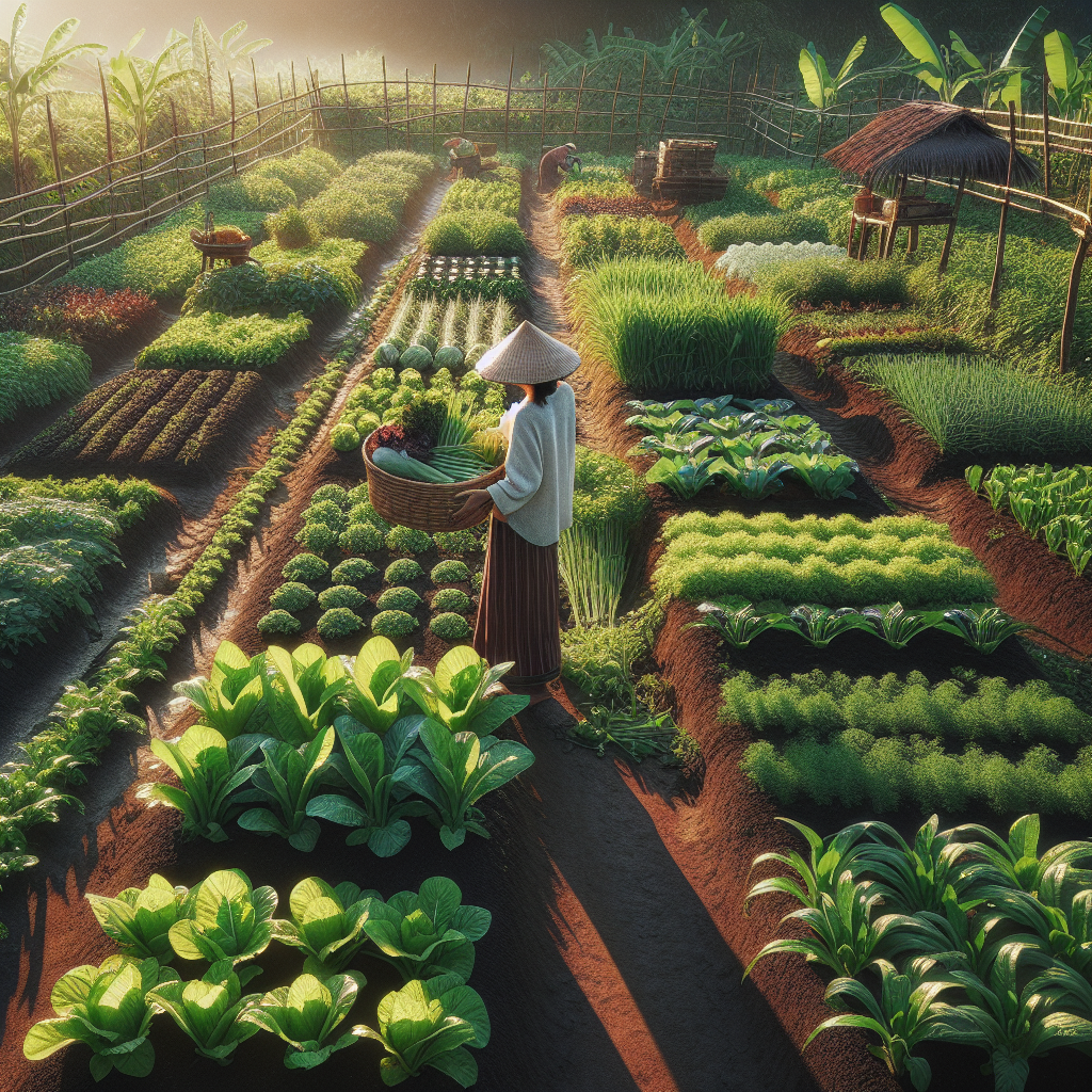 A lush vegetable garden with rows of various green plants. A person in a wide-brimmed hat is holding a basket of freshly picked vegetables. The scene is sunlit, surrounded by a rustic fence and banana trees. A woman in a conical hat is standing in a lush, organized vegetable garden, holding a basket of fresh produce. Rows of healthy green plants cover the soil under soft sunlight. A person is tending a lush, well-organized vegetable garden, surrounded by rows of various green plants in the sunlight.