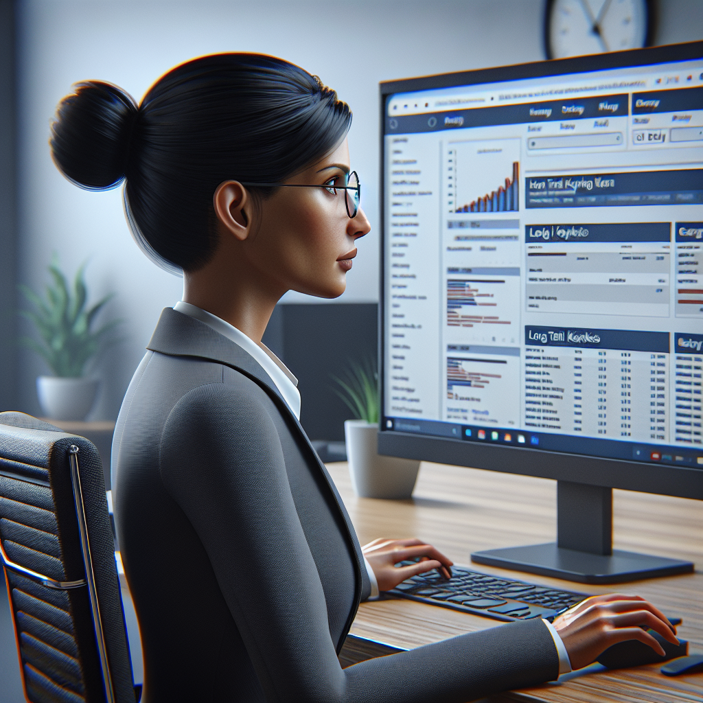 A woman in a business suit is sitting at a desk, focused on a computer screen displaying graphs and data in an office setting. A person in formal attire is working at a desk, looking at a computer screen displaying charts and data.
