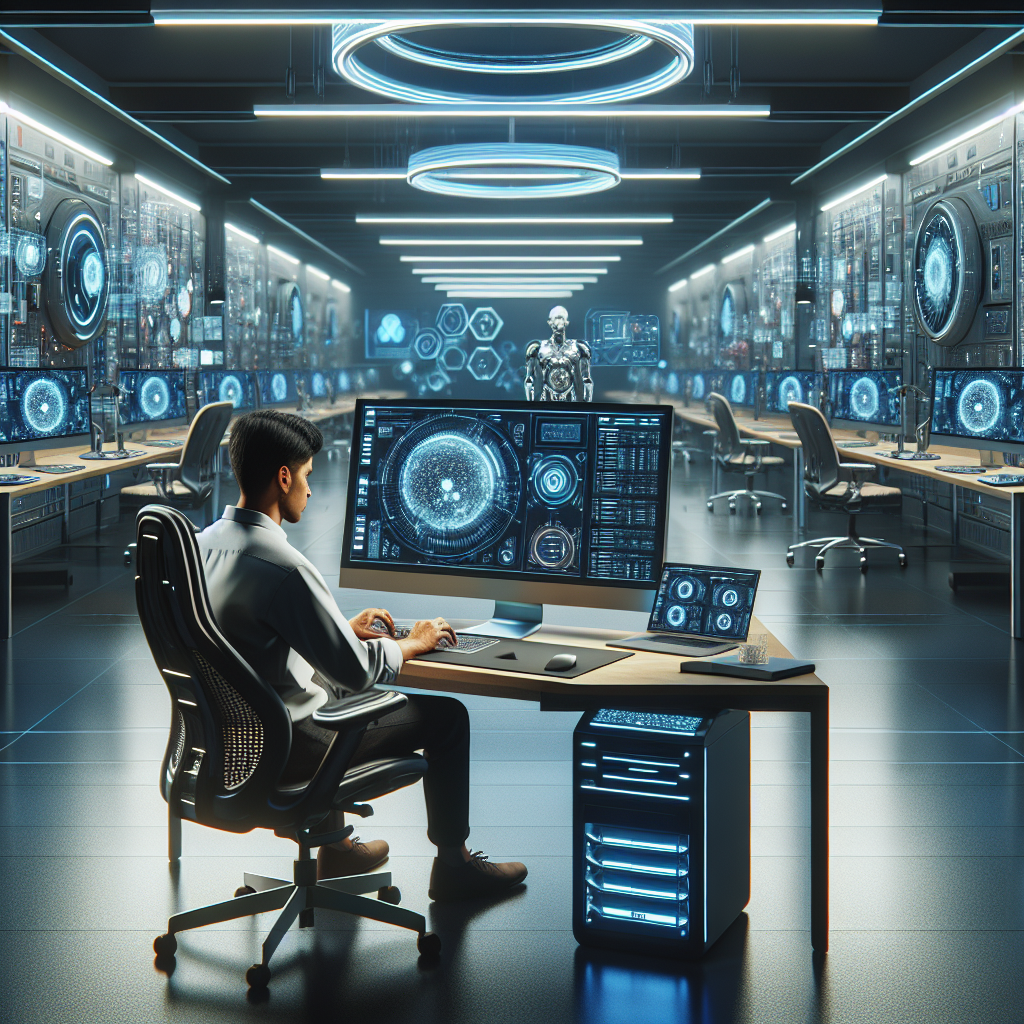 Man working at a high-tech desk in a futuristic control room, surrounded by large digital displays and a robot in the background. A person is sitting at a futuristic computer workstation, surrounded by virtual screens and advanced technology displays. The room is filled with multiple workstations featuring similar high-tech equipment, and a humanoid robot stands in the background.