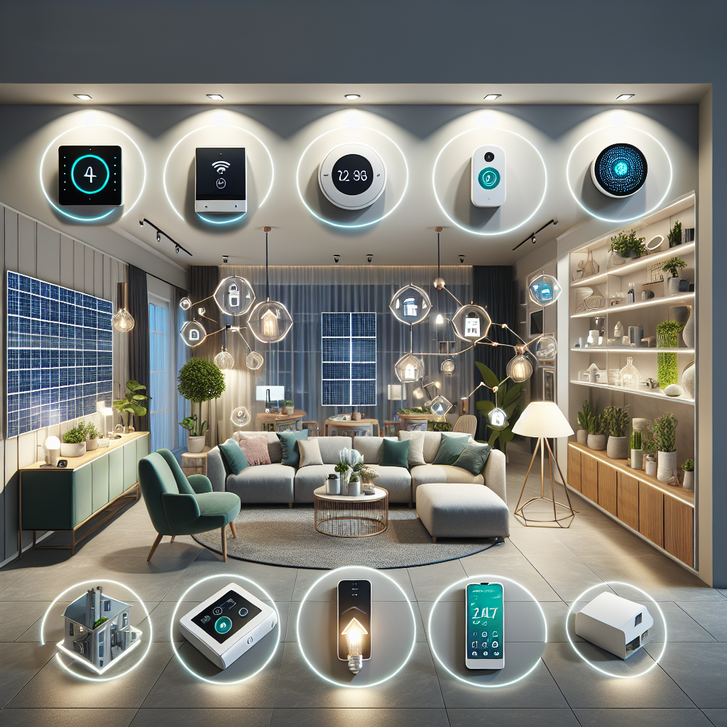 A modern living room with smart home devices and icons overlayed, depicting various connected gadgets like lighting, security, and climate control systems. A modern living room with smart home devices and gadgets highlighted, such as thermostats, speakers, and lights. The image showcases interconnected technology integrated with home decor elements like sofas and plants.