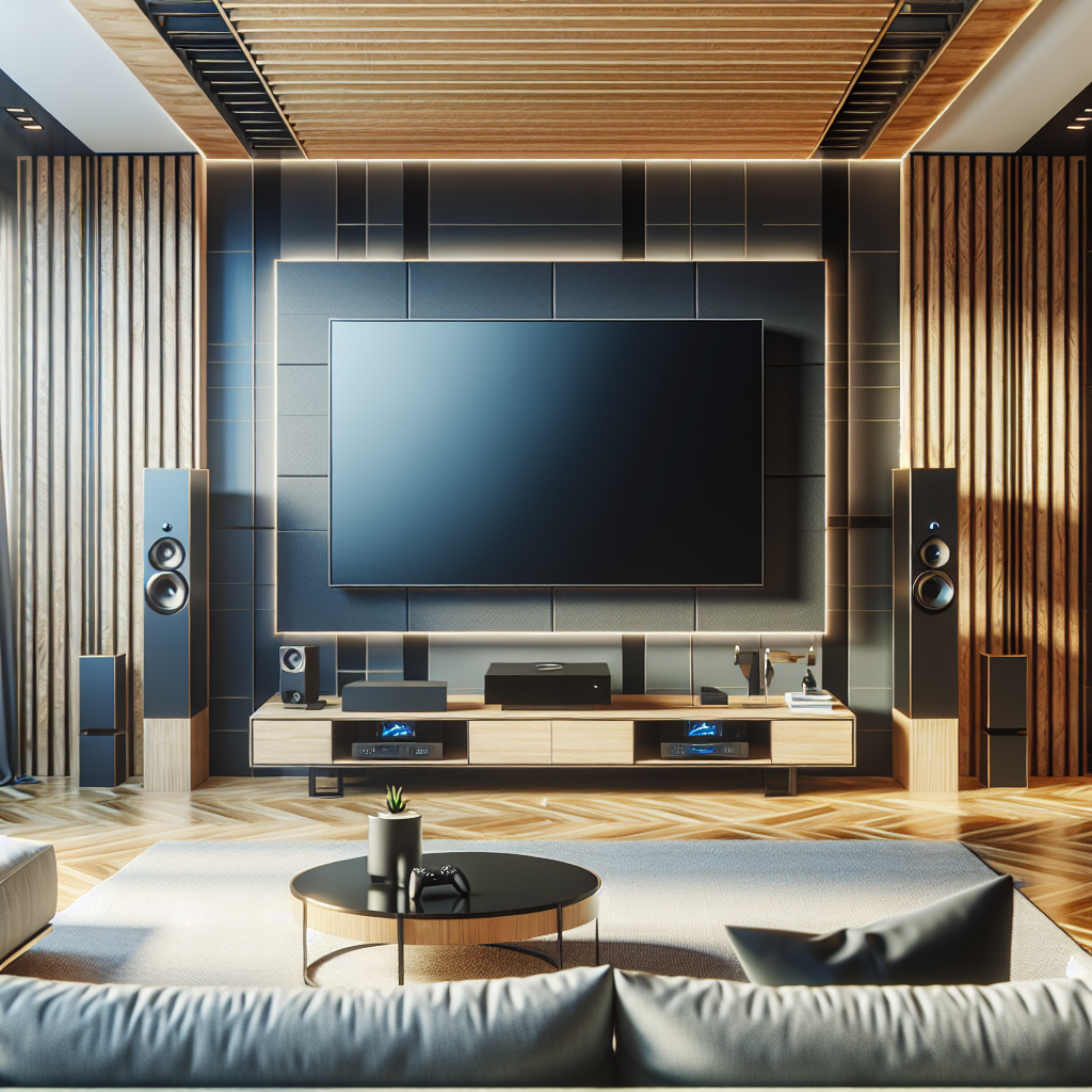 A modern living room with a large flat-screen TV, two floor-standing speakers, a wooden entertainment unit, and a round coffee table. Modern living room with a large flat-screen TV, sleek speakers, and stylish decor.