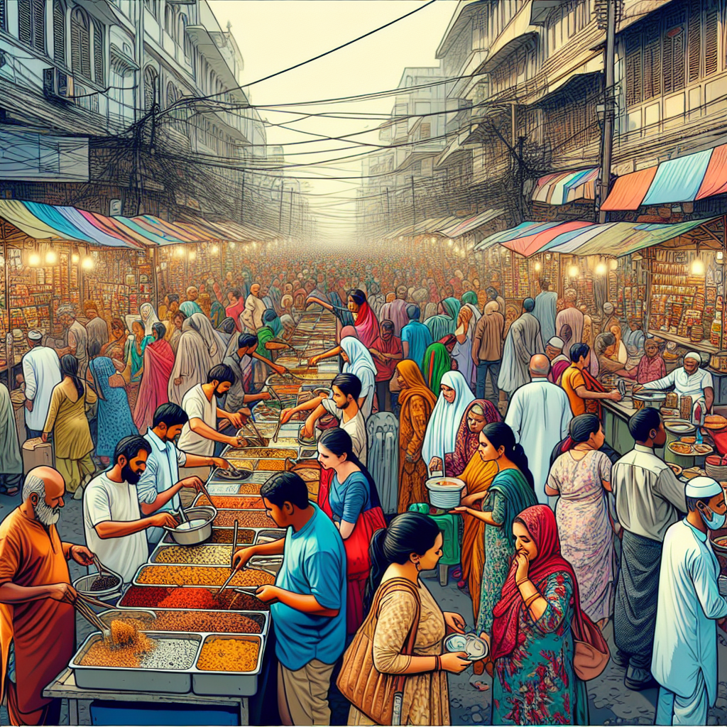 A bustling outdoor market scene with a crowd of people in traditional clothing shopping and selling spices and food, flanked by buildings and colorful market stalls. A bustling street market with vendors selling various colorful spices and goods, surrounded by a crowd of people in traditional attire. Buildings and vibrant market stalls line the street.